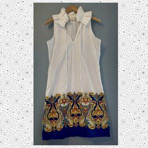 Tracy Negoshian Sleeveless Ruffle Neck 100% Cotton Lined Midi Dress Size Medium